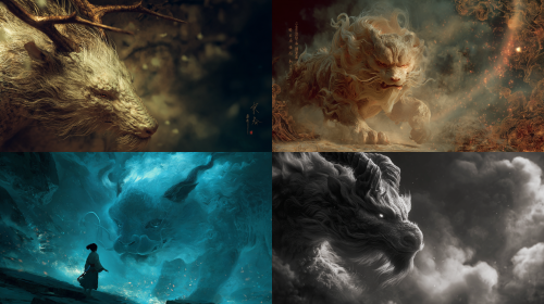 Chinese mythological creatures, Shanhaijing [Qilin], Chinese fantasy, cinematic texture, ink wash+bioluminescence+Eastern aesthetics, mystery → shock → warmth/philosophy, panoramic lens, 3D dynamics+light and shadow blockbuster shock.    --ar 16:9  --v 7