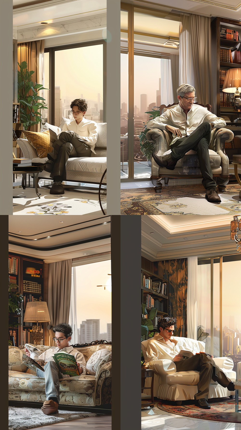 < https://oc.superx360.com/img/1782304893581.jpg > Character portrait, Sony lens, high-end and textured, creating a man sitting on a sofa leisurely reading a magazine, with glasses on his side. He is a doctor by profession, and the proportion of characters should match the proportion of the sofa, appearing harmonious and not abrupt,   --ar 9:16   --iw 1   --v 6
