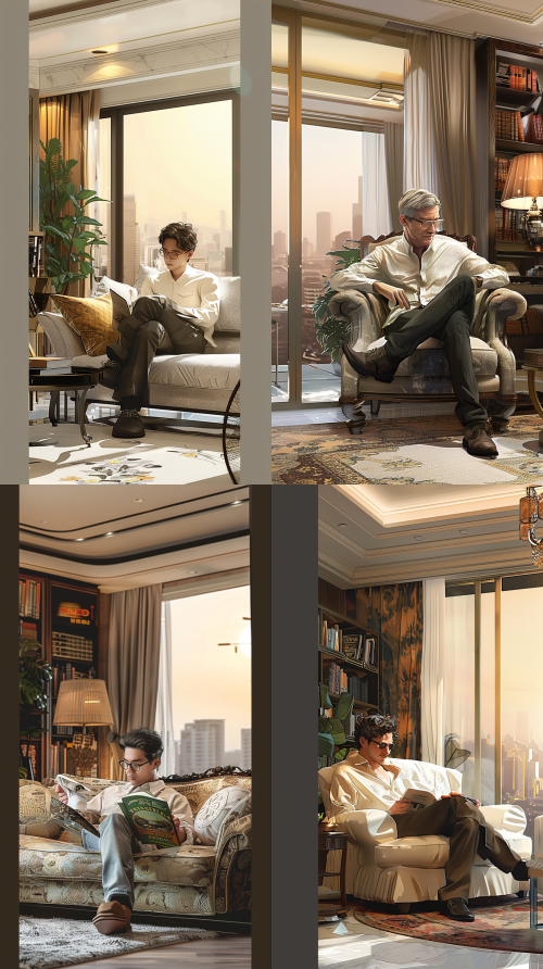 < https://oc.superx360.com/img/1782304893581.jpg > Character portrait, Sony lens, high-end and textured, creating a man sitting on a sofa leisurely reading a magazine, with glasses on his side. He is a doctor by profession, and the proportion of characters should match the proportion of the sofa, appearing harmonious and not abrupt,   --ar 9:16   --iw 1   --v 6