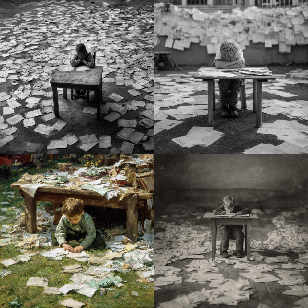 The test papers were scattered on the ground, and a little boy sat behind the table with his head in his arms  