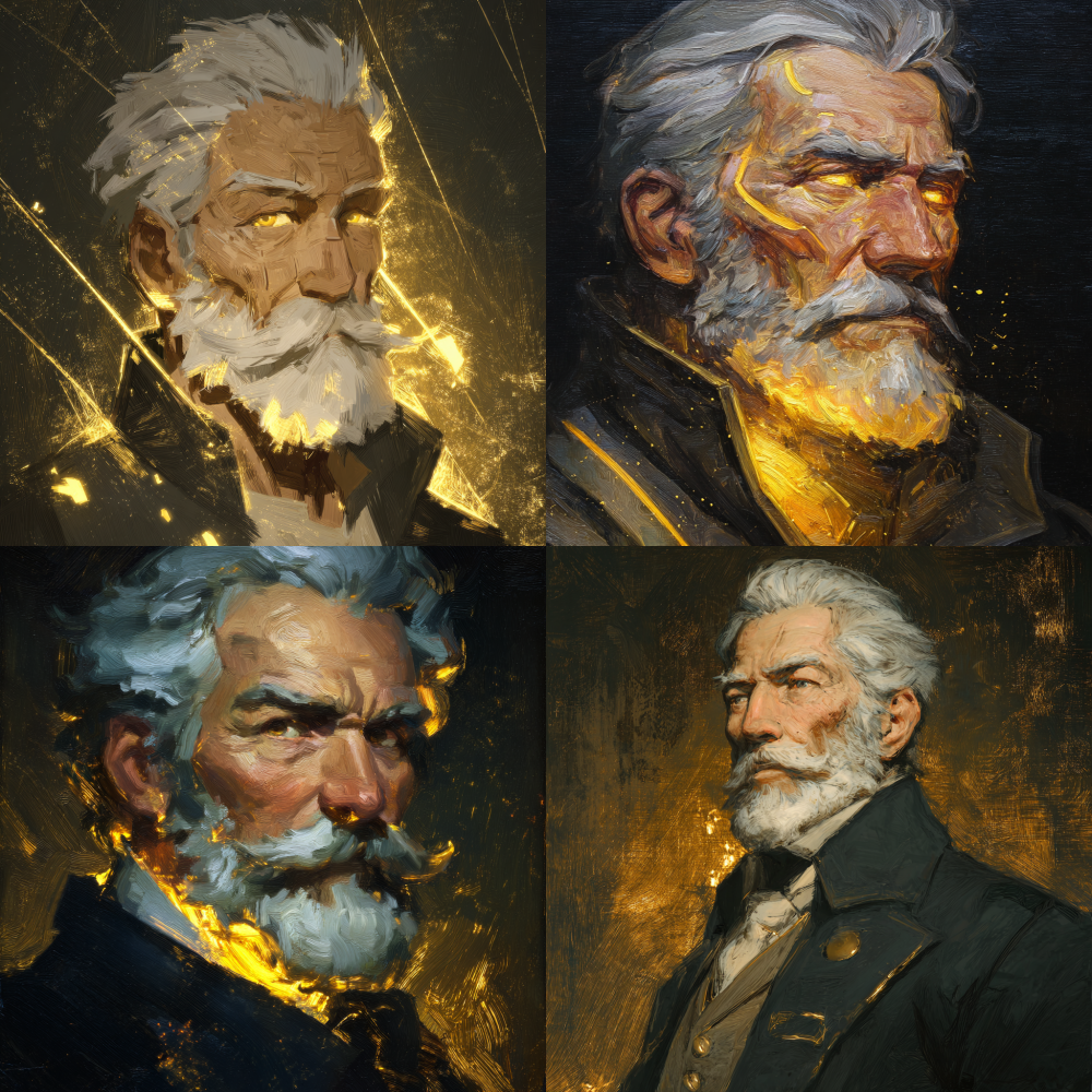 an old distinguished-looking gentleman, looks like Reinhardt·Wilhelm from overwatch, eyes sparkling golden lights ,strong full body, oil painting style
