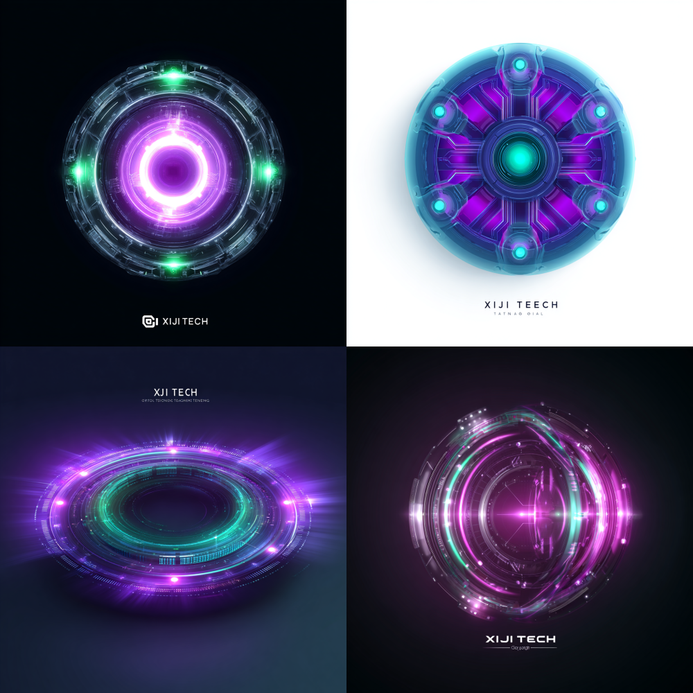 A technology company icon, brand name Xi Ji, integration of conceptual algorithms and generation. The center is an abstract fusion of symbols and letters. The periphery is a circular ring with four evenly distributed luminescent dots. There is a weak purple to green energy flow light effect overall, pulsating outward from the center. Minimalism, precise geometry, sharp lines, with a strong sense of futuristic technology and visual impact. The main color tone is a gradient from purple to green, made of luminous glass and semi transparent energy body, crystal clear, with a neon halo. Rendering, isometric perspective, studio lighting, rich details, resolution, clean image, appropriate use of negative space, high brand recognition. White background, flat style, modern, professional, and cutting-edge. LOGO“ XIJI TECH”“”“#”“C”“G”3D8K2D