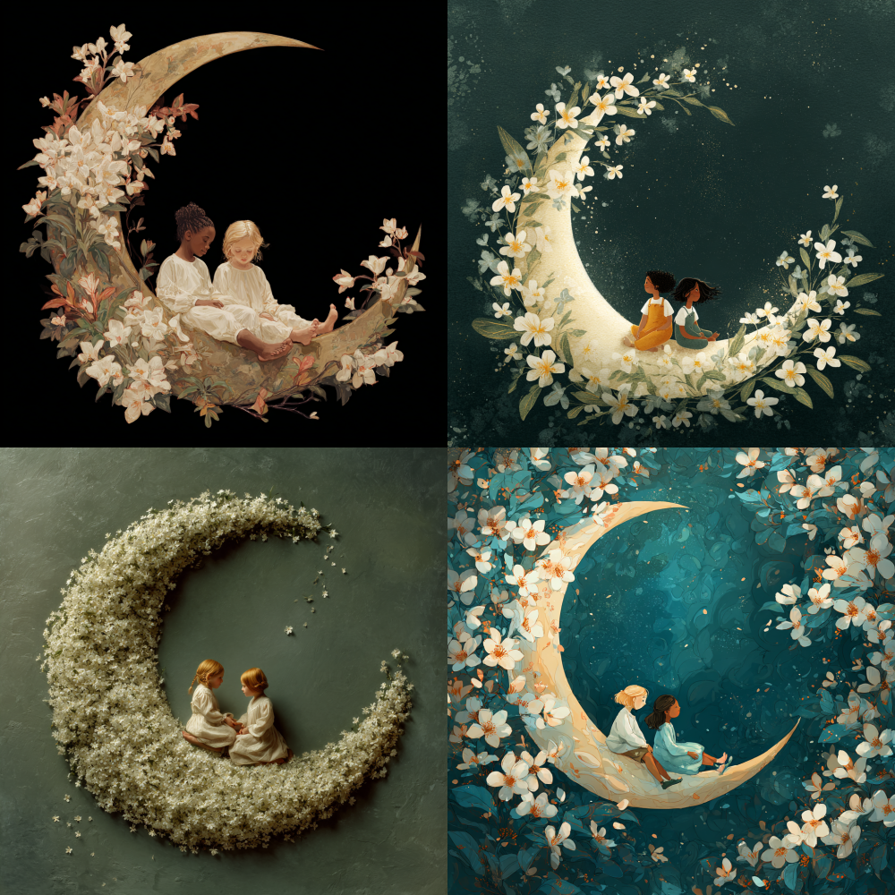Two little girls sit on the curved moon, surrounded by jasmine flowers 