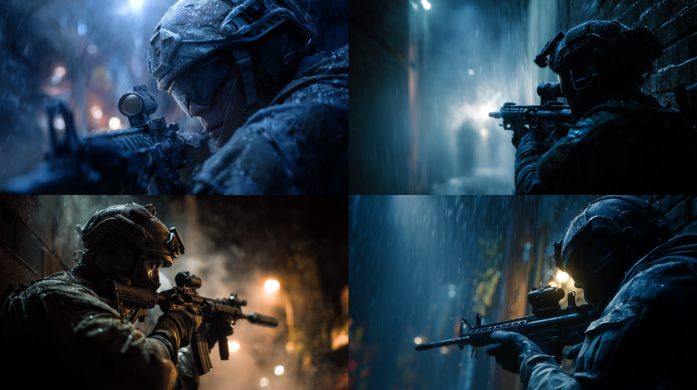 A valiant Delta Force operator poised in a shadowy, rain-soaked urban alley, expertly aiming an assault rifle equipped with a precision laser sight. Enveloped in cinematic lighting, the scene is rich with dramatic shadows and ethereal volumetric fog, achieving a hyper-realistic quality reminiscent of an Unreal Engine 5 render, with breathtaking 8k resolution and intricately detailed facial expressions --ar 16:9