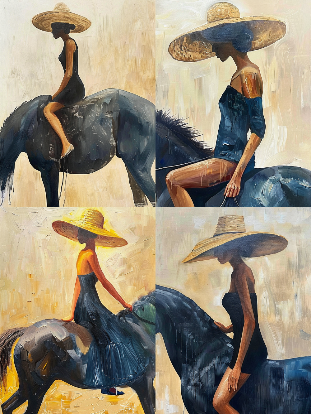 < https://oc.superx360.com/img/1786520472775.jpg > Handmade abstract Woman Riding Horse Oil Painting Minimalist Large Straw Hat Figurative Wall Art,The lady looks very elegant, and her hand posture and movements are very natural,visible textured brushstroke.Modern Minimalism Wabi Sabi Retro Abstract Wall Art --iw 2 --ar 3:4 --v 6
