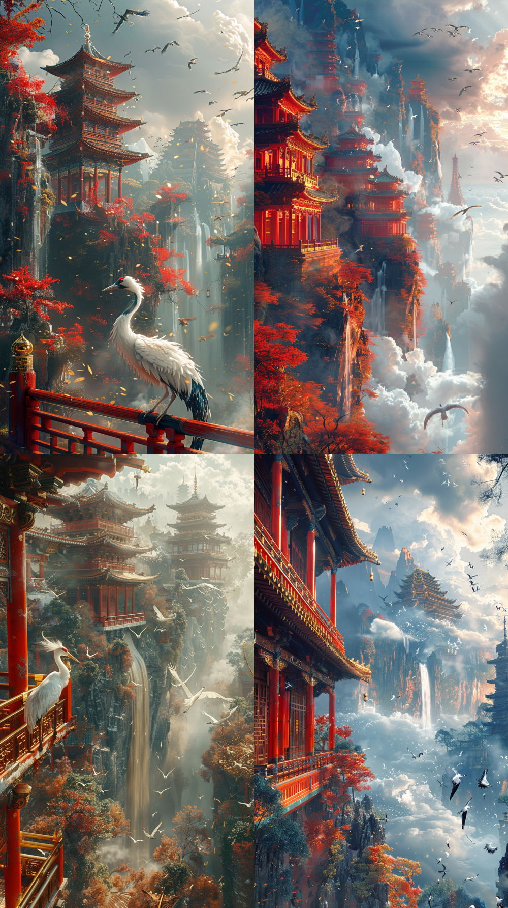 Epic fantasy wide shot, crane in lower right foreground, standing sideways on carved railing looking into distance. White feathers glowing soft gold at edges, black wingtips with blue-purple iridescence. Warm golden rim light from distant main hall upper left-rear, shadows cool blue-purple. Gallery on left side: ultra-ornate super-long curved floating corridor, no foundation, suspended above clouds. Vermilion pillars with golden dragon reliefs, beams with lotus-vine patterns and flying apsaras, ceiling with colorful paintings and hanging ornaments. C-shaped corridor extending deep into frame. Right side: floating inverted mountains in layered clouds—peaks down, bases up, upside-down temples and waterfalls flowing upward. Boundless layered clouds fill right side of frame with floating weightless atmosphere. Far distance: gallery ends at a colossal multi-tiered main hall facing right, red pillars, golden tiles, towering into clouds surrounded by thick rolling cloud layers forming flowing curves. Style: ultra-ornate Eastern fantasy, surreal, warm gold highlights vs cool blue-purple shadows, 8k hyper-realistic oil painting impasto texture, vertical --ar 9:16 --style raw --s 900 --v 6.0