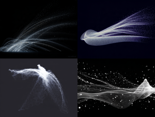 A minimalist cosmic abstraction, black background scattered with thousands of tiny glowing white particles. The particles flow in arcs and wave-like currents but break into bursts of chaotic turbulence, with dense clusters dissolving into scattered randomness. A balance of order and disorder some areas forming elegant swirls and arcs, others chaotic and fragmented like cosmic dust clouds or digital noise. Evokes star fields, point clouds, and generative particle systems. High contrast, deep space aesthetic, abstract and atmospheric.  --w 50  --ar 4:3  --c 15  --p gmlc32s