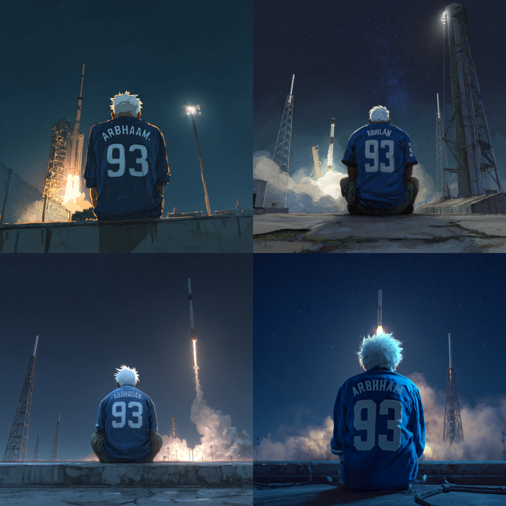 Please help me generate a realistic style of a man's back view. He is sitting on a high platform at night, facing a rocket that has just been launched. He has white hair and is wearing a blue No. 93 "Abraham" jersey