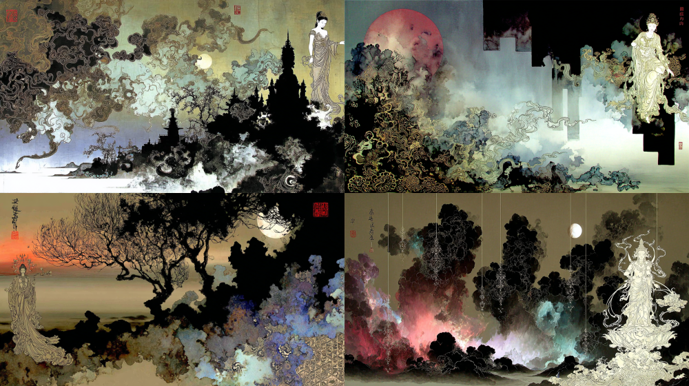 3D digital ink wash masterpiece, vertical composition, divided into abstract geometric frameworks and color blocks, the left side features a blurred Dunhuang flying Apsaras, sunset desert twilight, the center bottom showcases a faded geometric Dunhuang mural pattern, creating visual diagonal balance, the upper right corner displays a partially erased sculpture, a serene flying figure, Zen study, landscape painting, combination of figurative and abstract, fusion of classical and modern art, blending of romanticism and digital art, gradient colors, various deep dark abstract color blocks, lines and geometric structures in the negative space background, oil painting texture, 3D digital rendering, partial highlights, strong light and shadow contrast, emphasizing the foreground, contrast of cool and warm tones, low saturation, top light source, high details, ultra clear focus, 8K, photo quality, surrealism. --c 10 --sref 168844895 --p ypac8t3 --ar 16:9