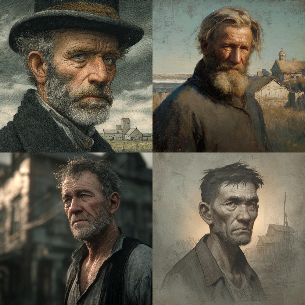 A middle-aged man with a weathered appearance, resolute eyes, and a background of a village from his youth 