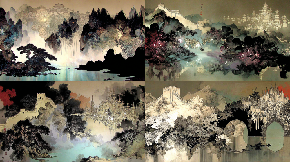 Three-dimensional digital ink work, vertical composition, divided by abstract geometric frameworks and color blocks, on the left side is the radiant Great Wall, located atop a holographic mountain, the soul of the light terracotta warriors formed in the center below, creating a visual diagonal balance, in the upper right corner is a floating city mirage entirely made of light, Zen studies, landscape painting, combination of figurative and abstract, blending traditional and modern art, merging expressionism and digital art, gradient colors, various deep abstract color blocks, lines and geometric structures in negative space background, oil painting texture, three-dimensional digital rendering, localized highlights, strong contrast of light and shadow, emphasizing the foreground, contrast of cool and warm tones, low saturation, top light source, high detail, ultra-clear focus, 8K, photo quality, surrealism. --c 10 --sref 168844895 --p ypac8t3 --ar 16:9