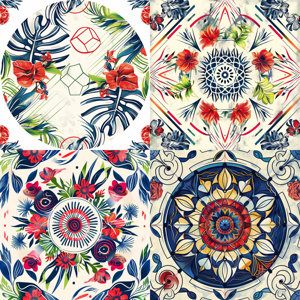 < https://oc.superx.chat/img/1778342636429.jpg > Vibrant botanical mandala, tropical flowers and leaves arranged in perfect radial symmetry, nested circular layers, concrete wall texture background, bold watercolor illustration style, bohemian wall decor, high resolution, print-ready --v 6