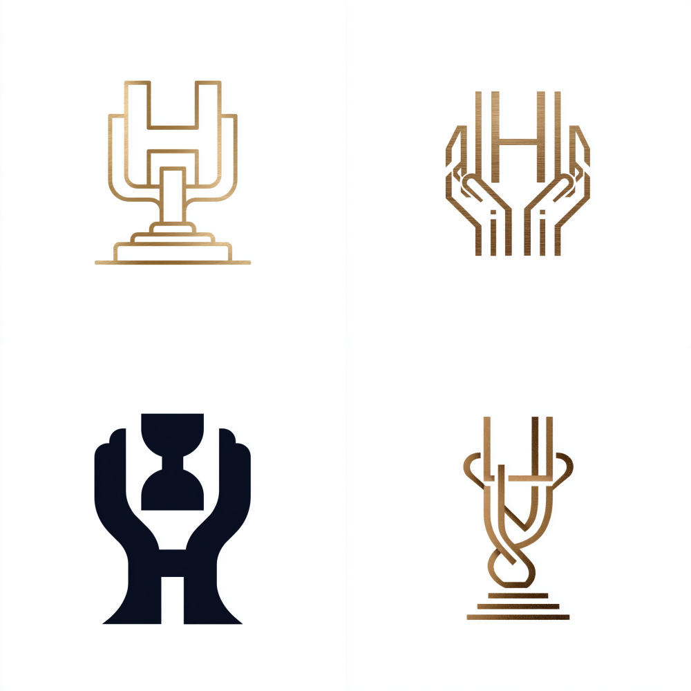 Elegant deformation of the letter H logo, minimalist iconography, H shape seamlessly intertwined with the gesture of receiving an award, gracefully holding a trophy or certificate, refined lines, contemporary flat design, vector art, luxurious brand aesthetic, pristine white background, monochromatic palette
