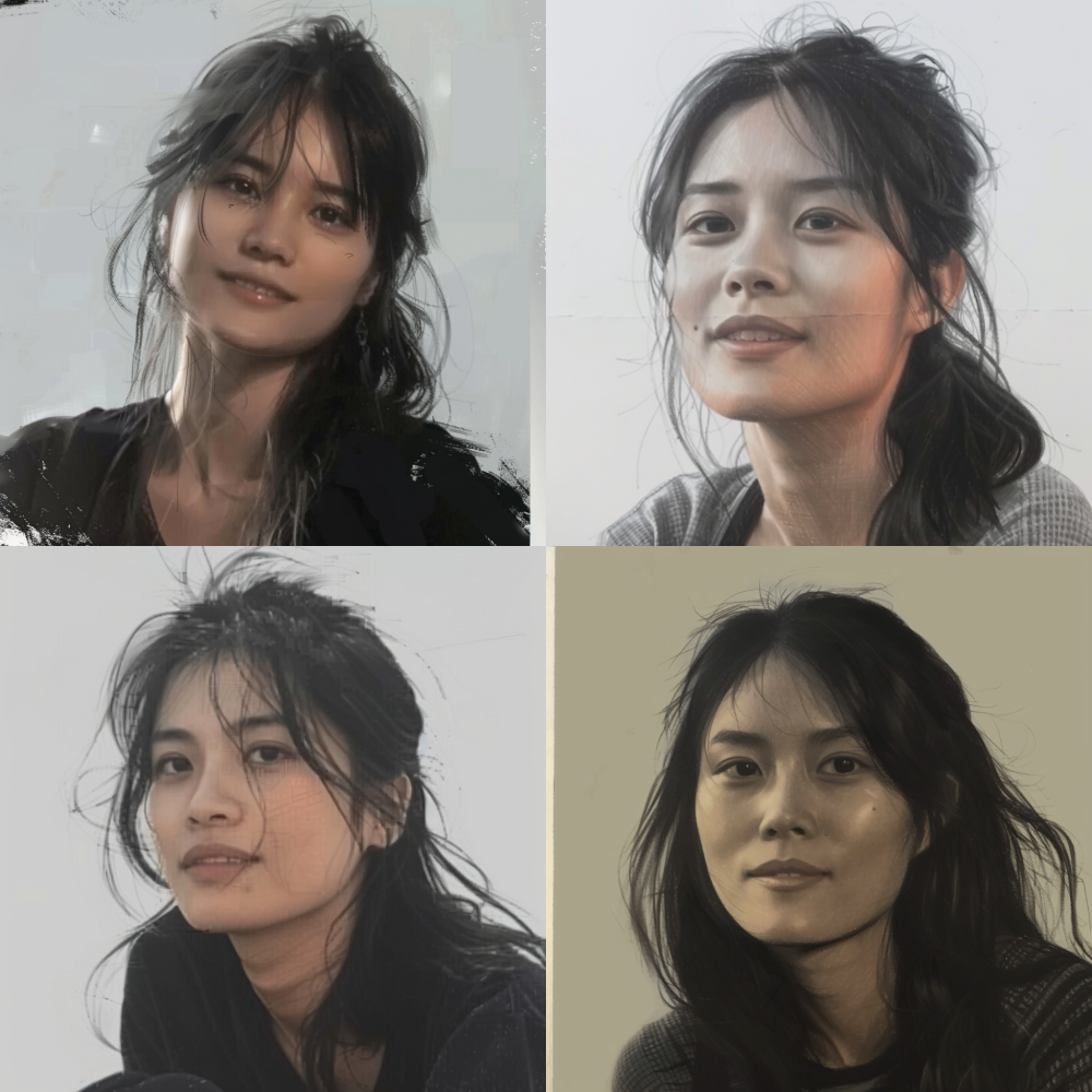 Half body portrait, don't imitate all the details of the original image, you need to process something else yourself, change the character's clothing, posture, and background. Picture format, < https://oc.superx.chat/img/1776090908378.png > A 35-year-old Asian woman, linear sketch, pencil drawing lines, high contrast, sketches, traditional media, half-length portrait1:1 --v 6