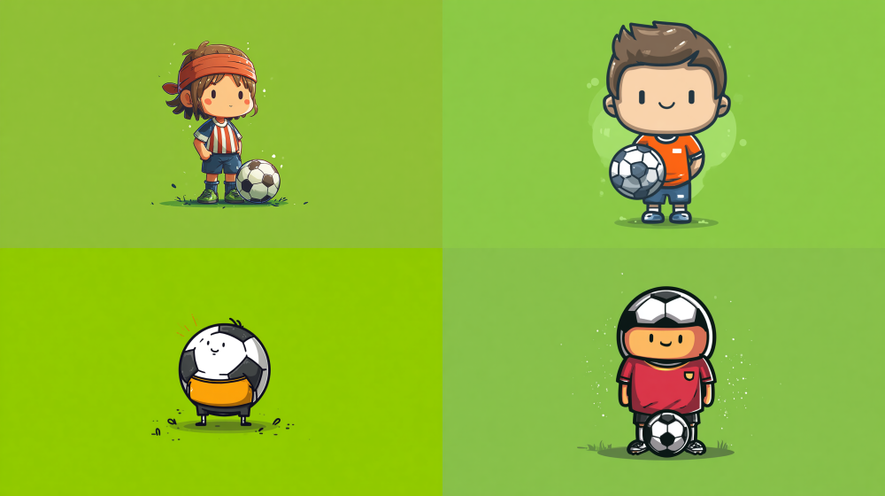 Cartoon football illustration, player version, simple and cute, no copyright team emblem, no real face, football themed graffiti, street style, bright colors, no game screen, no watermark, flat football icon, goal football, green background, minimalist, suitable for data review Q +  --ar 16:9