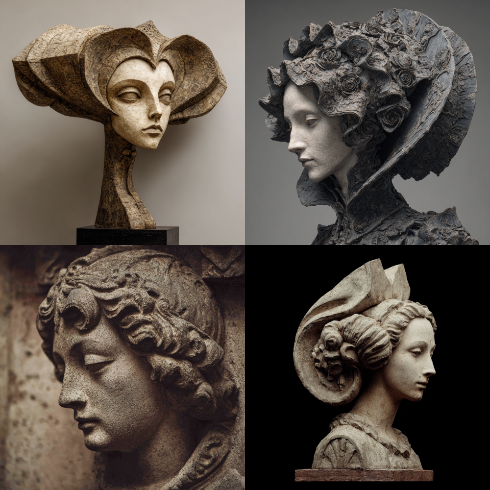 Gothic style sculpture of a woman with a large head 