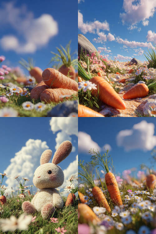 On the grassland, there are many 3D renderings of unearthed carrots, with the background being a blue sky, white clouds and bright sunlight. Around are blooming spring flowers, and the scene style is inspired by Pixar cartoon pictures, with a simple and cute background. This scene was modeled using C4D and rendered with the OC renderer, featuring rich details. --ar 85:128