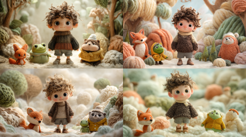 An original children's English enlightenment animated movie character. A little boy around the age of one stands in the forest of dreamy blankets. Featuring a round and adorable child's face, large black crystal eyes with warm highlights, a small nose, mouth, and chubby cheeks. The hair is fluffy and natural brown curly, soft and messy like just waking up. Wearing a thick brown knitted sweater with real yarn texture, revealing a beige shirt collar, paired with gray shorts and soft leather shoes. There are three animal friends around me: an orange furry little fox with a huge fluffy tail; A green round little frog wearing a yellow raincoat; A creamy red panda wearing a chef's hat. All characters have a cinematic animation texture, big eyes, and cute expressions. They stood in a dreamlike forest made up of blankets, wool, and cotton. The ground is made of soft knitted blankets, trees are made of wool, cotton clouds float in the sky, and sunlight passes through the clouds to form warm beams. Visual style: Suitable for children's English enlightenment animation. 5MOMOMOMOMOMO3DPixar quality 3D animation,Ghibli inspired warm storytelling,cute children movie character design,soft realistic fabric texture,cozy fantasy world,high saturation colors,warm cinematic lighting,storybook atmosphere,8K ultra detailed.IP16:9 cinematic composition,no text,no subtitles.a cat  a cat  --ar 16:9