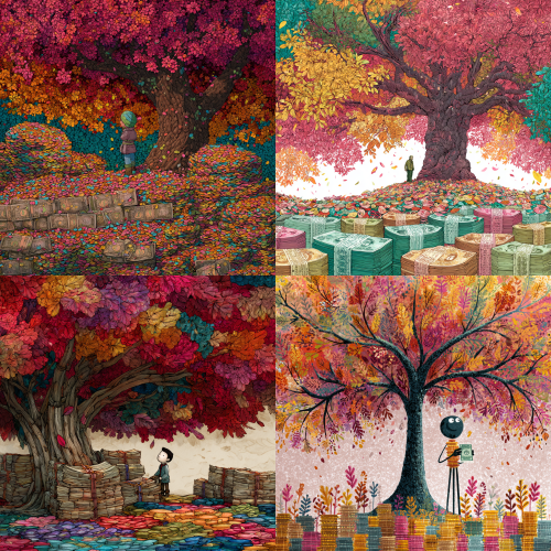 A stick-figure person is under a big tree, with the ground covered in leaves. Some of the leaves are stacked in neat piles and tied with string, arranged as neatly as hundred-yuan bills. The person's eyes show the symbol for Renminbi, as they concentrate on their fingers losing money.