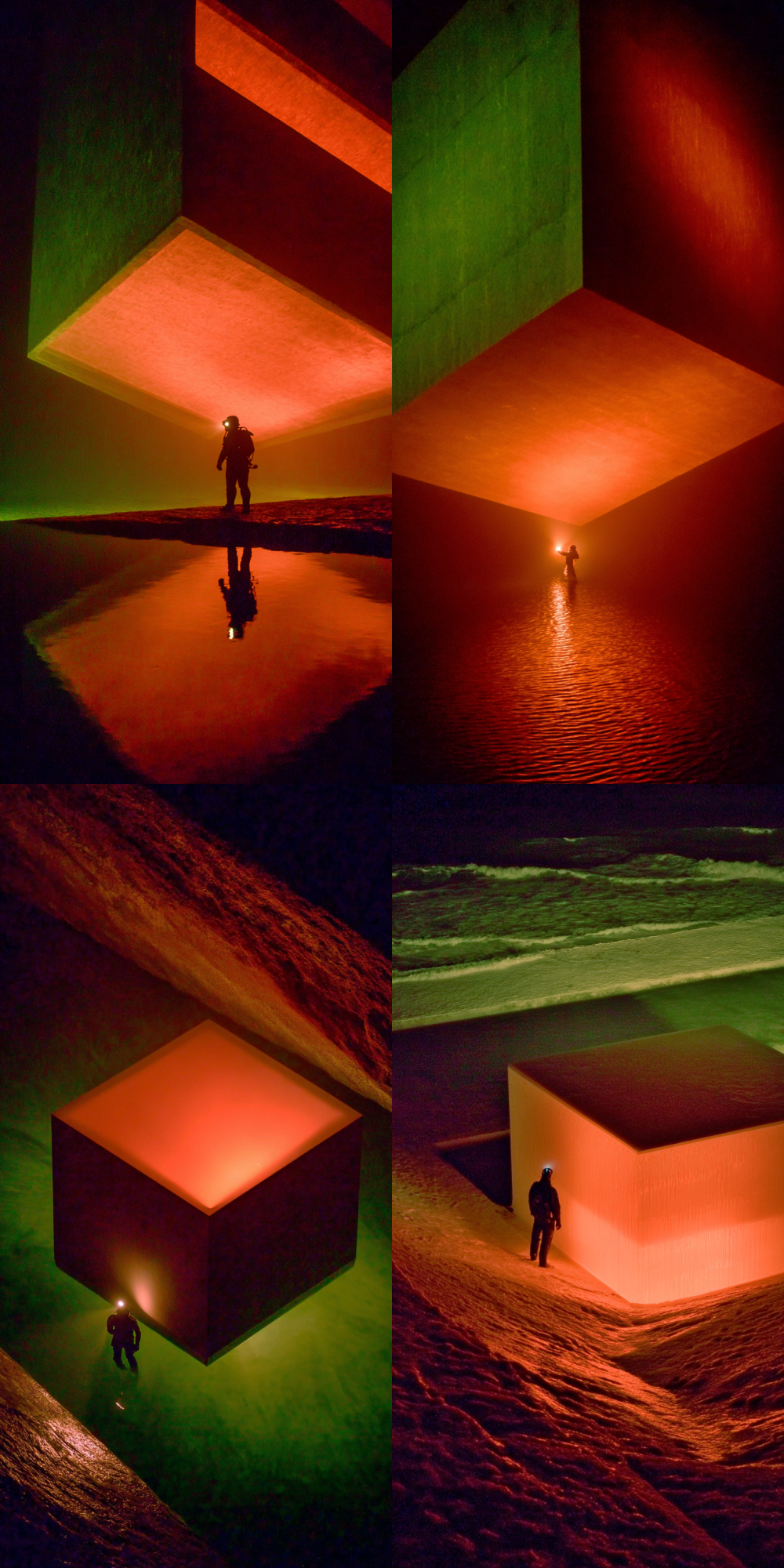 A deep-sea diver is on the dark seabed, illuminated only by his small headlamp. He focuses on a huge, perfectly smooth, concave cube that can absorb all the light. The surrounding water is dark green, while the headlights emit an orange glow, in the style of Simon Stallenhaag --sref 3558063635 --c 10 --style raw --v 7.0 --ar 1:2
