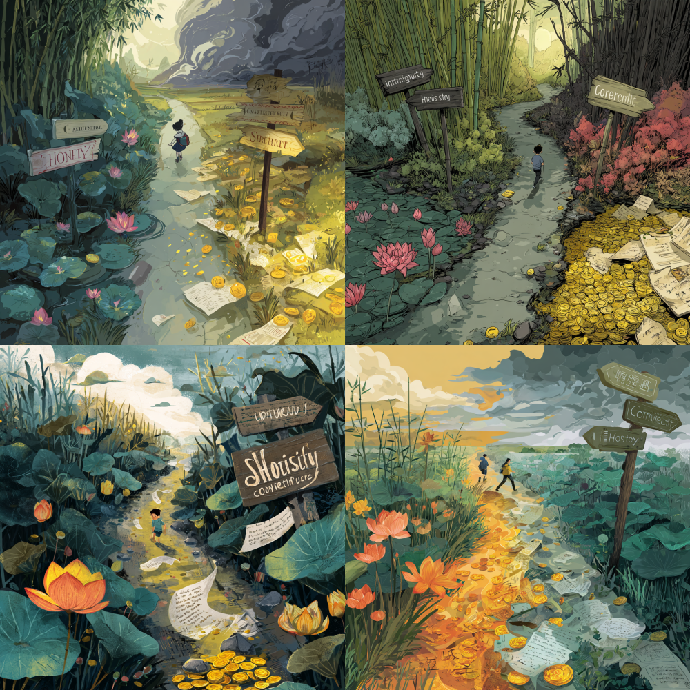 A captivating scene divided into two distinct paths. On the left, a serene road adorned with blooming lotus flowers and graceful bamboo, with a signpost reading "Integrity." A cheerful student walks towards the horizon along this path. On the right, a chaotic trail scattered with shimmering coins and a torn exam paper, the signpost askew, reading "Shortcut," with ominous dark clouds looming in the distance. The central area transitions seamlessly, harmonizing the contrasting scenes of two divergent paths. A prominent sign stands in the middle, with the word "Honesty" in elegant English on the left and "Corruption" in a stark, unsettling font on the right. The style leans towards flat illustration, featuring vivid color contrasts (lush greens on the left, muted grays and yellows on the right).