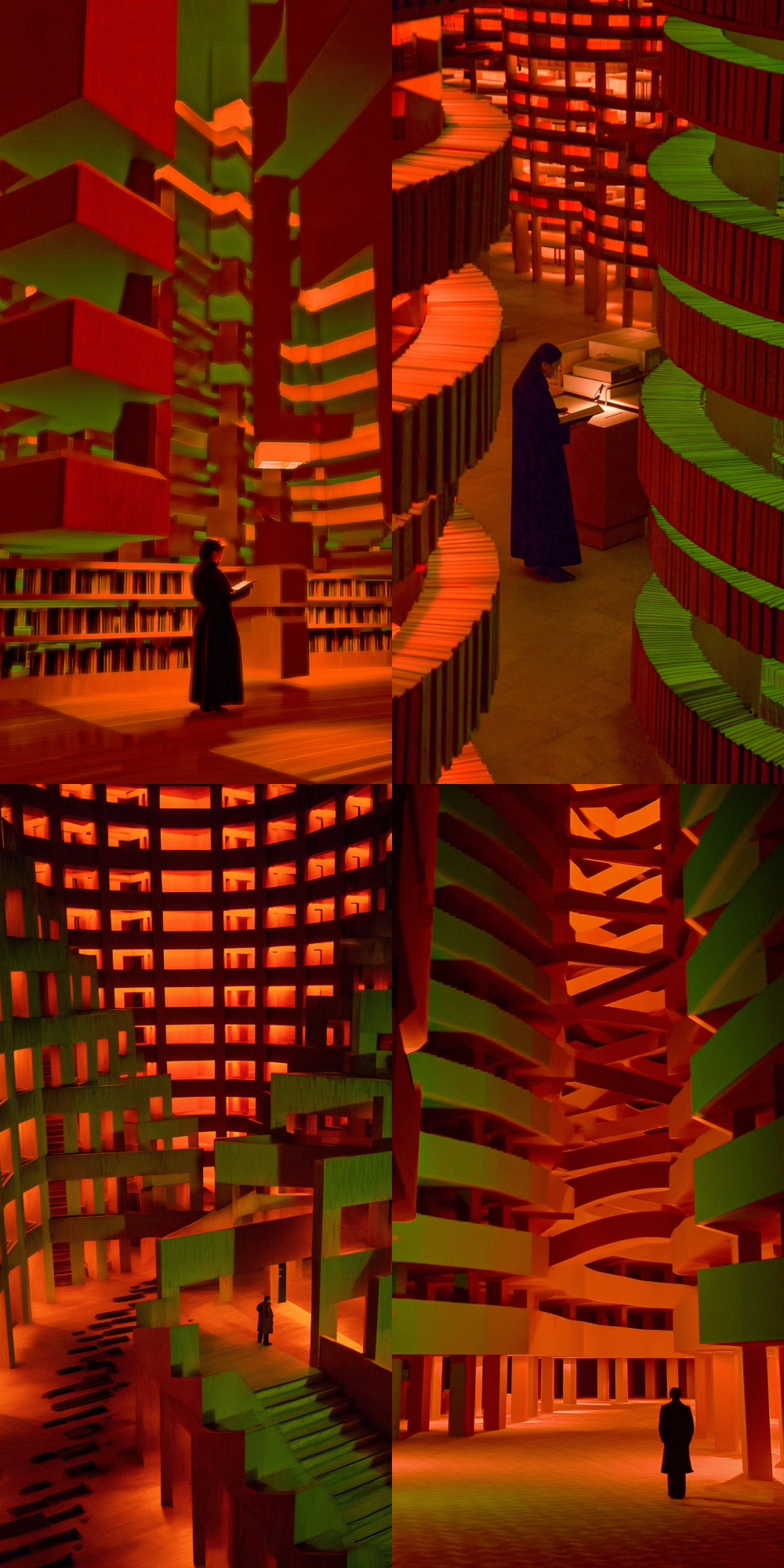 A librarian stands in a vast, surreal library where bookshelves twist in impossible Escher-like ways. She is focused on a single, glowing book floating in the air, her only guide through the chaos. Warm orange light contrasts with deep green shadows, style of Shintaro Kago --sref 3558063635 --c 10 --style raw --v 7.0 --ar 1:2
