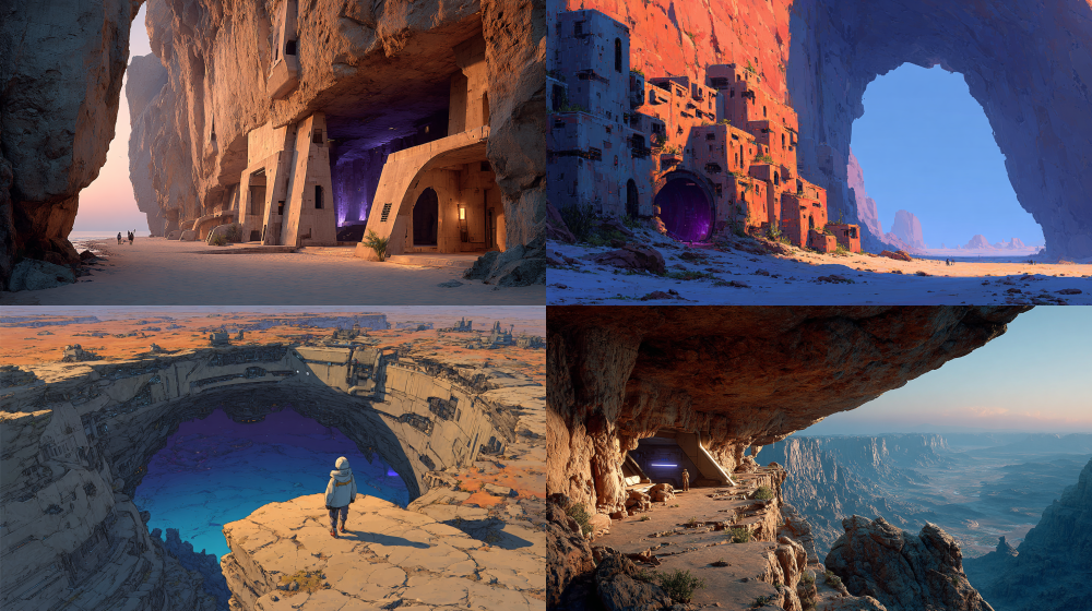 a vast cliff edge overlooking an ancient alien civilization ruins on an alien desert planet, Moebius style, cinematic wide shot 16:9, warm gray exterior landscape bathed in dusktime light, a deep cavern or crevice in the cliff face emitting faint mysterious purple bioluminescent glow from within, non-human geometric architecture below with organic curves and angular forms contrasting with human brutalist structures above, weathered stone and metal, colossal scale, dramatic lighting contrast between warm exterior and cool purple interior, sci-fi concept art, Cyberpunk 2077 neon accent lighting style, Detroit Become Human atmospheric scale, no human figures, ultra detailed, architectural photography, mystery atmosphere  --ar 16:9  --style raw  --stylize 300