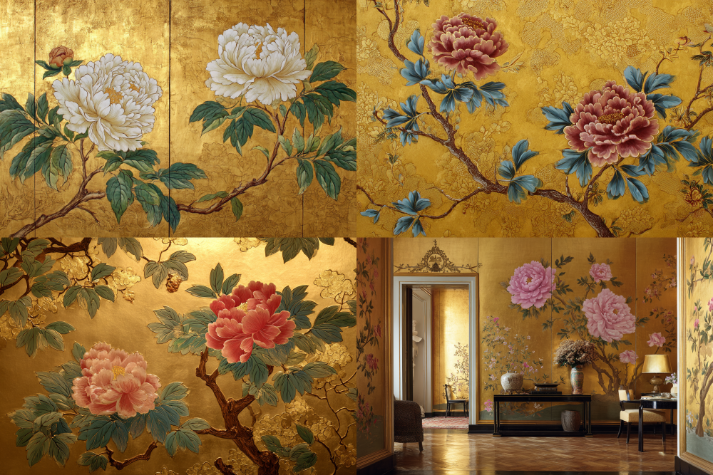 A lavish golden backdrop adorned with two exquisite Chinese peonies, gracefully extending towards the center, —ar 3:2