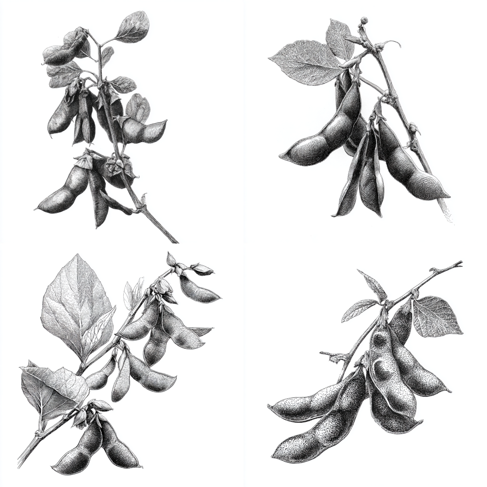 ink drawing soybean, soybean agricultural, hyper detailed, soybean botanical illustration, center position, clear space, super realistic drawing, white background.