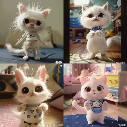 < https://oc.superx.chat/img/1776090016528.png > < https://oc.superx.chat/img/1776089844923.jpeg > cute fluffy white kitten, standing like a human, big round eyes, wearing pink tank top with cartoon prints, yellow shorts, headband, short bob haircut, full body, soft lighting, 3D cartoon style, ultra detailed, Pixar style, pastel room background