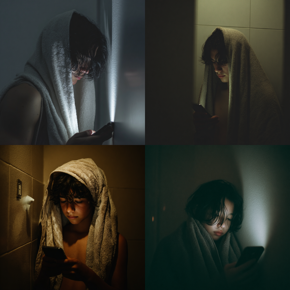 A big head photo of a boy in a dim corner, with a towel covering his head and leaning against the wall, looking down at his phone. The phone screen illuminated his face, and his hairstyle was shoulder length black hair