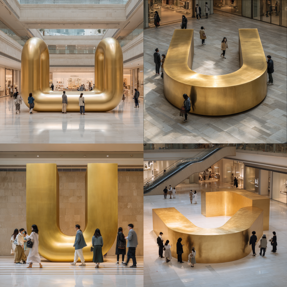 The centerpiece of a pop-up store in a Shanghai mall is a simple, monolithic U-shaped form made of matte gold. Shoppers are casually browsing and strolling past it. Some glance at it curiously, but most continue with their day, treating it as a natural part of the upscale environment. The atmosphere is calm and normal. Photorealistic, candid shot, natural lighting.