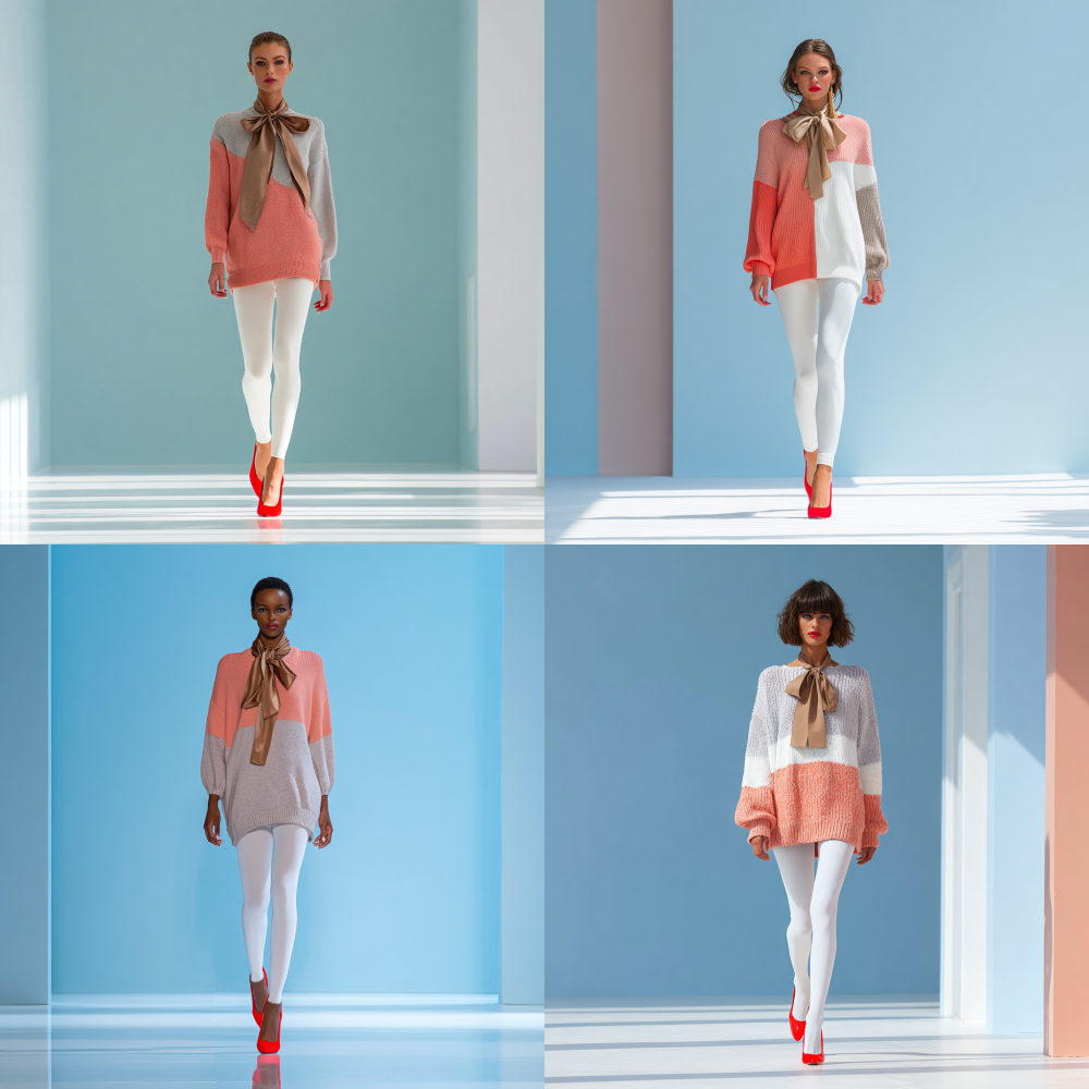 Full-body shot of a model walking the runway. She wears opaque white tights layered under a loose-fitting sweater in a light coral-pink and gray color-block design, with a light brown silk bow tied at her neck. Bright red pointed-toe stiletto heels complete the ensemble. The scene is set against a pale blue backdrop, captured from a low-angle perspective.