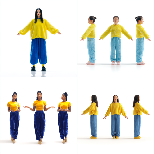 纯白背景,一个黑长直的中国女孩穿着黄色毛绒上衣和蓝色毛绒裤子。漫反射光。三视图,⼿臂微张,约 30-45 度,双腿⾃然直⽴,不可遮挡。9:16 纯白背景,一个黑长直的中国女孩穿着黄色毛绒上衣和蓝色毛绒裤子。漫反射光。三视图,⼿臂微张,约 30-45 度,双腿⾃然直⽴,不可遮挡。9:16