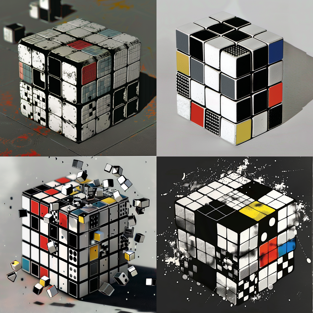Let the small square fall off from a fixed upper right corner and create three separate images, ensuring that all three images start to fall off from the upper right corner. All the blocks of the Rubik's Cube in the first picture are completely scattered on the ground; The second picture shows a half sized part of the Rubik's Cube falling off, with small squares scattered on the ground; The third picture has a quarter of the corners detached, and the detached small squares are scattered on the ground. < https://oc.superx.chat/img/1759915836221.png > --v 6