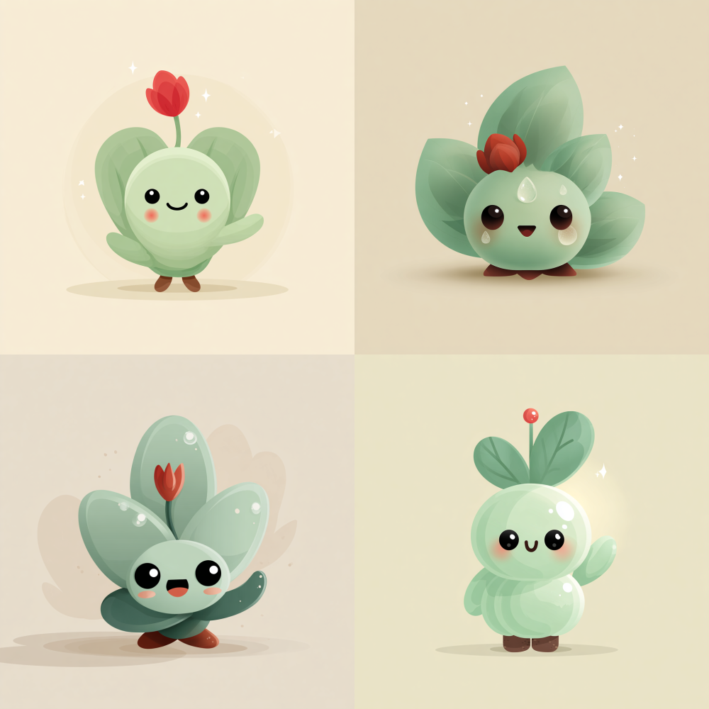 Flat vector illustration of a cute plant character, named JiaJia. It has three layers of rounded, plump leaves in a serene sage green (#9CAF8C). It features large, circular black eyes and a gentle upward-curved mouth (like a 'ᴗ'). A small, closed red flower bud grows from its center top. Three translucent dewdrops gleam on its leaves. It has minimal brown roots. The character is waving warmly with one leaf. Solid pastel beige (#F5F2E8) background with soft shadow. No outline, 2D vector, clean and minimalist, calming and encouraging vibe. --style raw --ar 1:1