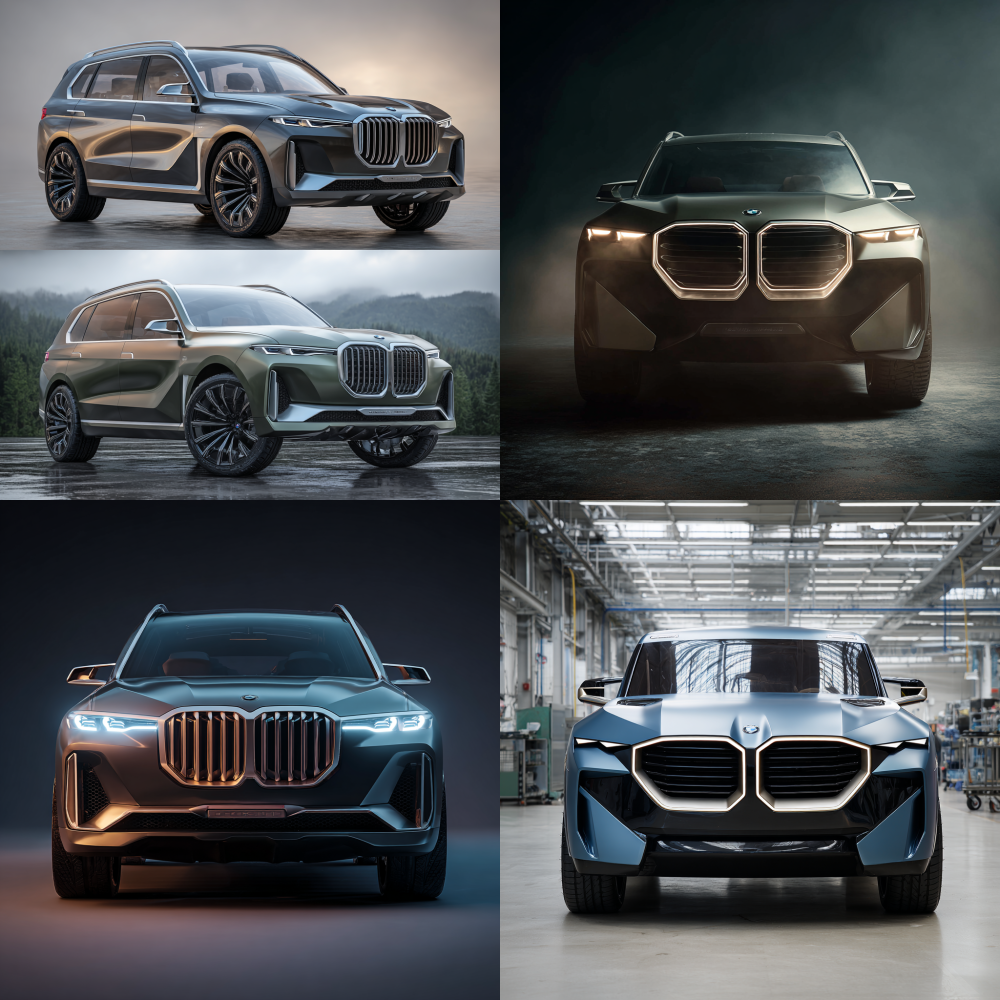 Generate for me a BMW concept SUV with three equally sized vertical rectangular air intakes on the front face, arranged from left to right.