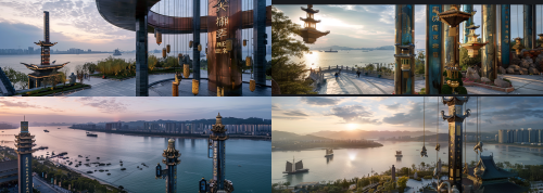 < https://oc.superx.chat/img/1776091053586.png > < https://oc.superx.chat/img/1776090558766.png > A monumental wind chime installation standing on the bank of the Yangtze River, designed as a grand cultural landmark inspired by Chu-Han civilization. The main vertical structure is shaped like the Sword of Goujian, tall, slender, solemn, and iconic, with exquisite ancient bronze texture, subtle corrosion marks, and luxurious gilded details. Suspended from the upper structure are oversized wind chime bells inspired by the components and forms of Marquis Yi of Zeng’s Bianzhong bells, reinterpreted as elegant hanging bronze chimes with intricate ritual patterns, archaic Chinese ornament, and refined golden inlays. The whole sculpture expresses the spirit of ancient Chu culture, ritual music civilization, and heroic historical grandeur. Located beside the vast Yangtze River, with dramatic riverfront scenery, strong winds, flowing water, and an open monumental public space. The design combines ancient Chinese bronze aesthetics, sacred ceremonial symbolism, and contemporary large-scale public art. Majestic, poetic, solemn, culturally powerful, highly detailed, realistic materials, bronze and gilt metal, museum-quality craftsmanship, cinematic lighting, epic atmosphere, ultra-detailed, architectural visualization, landmark sculpture, cultural monument. --ar 84:30  --style raw