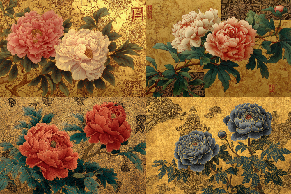 Two exquisite blooming peonies rendered in traditional Chinese painting techniques, set against a luxurious golden background adorned with intricate dark Chinese patterns. --ar 3:2