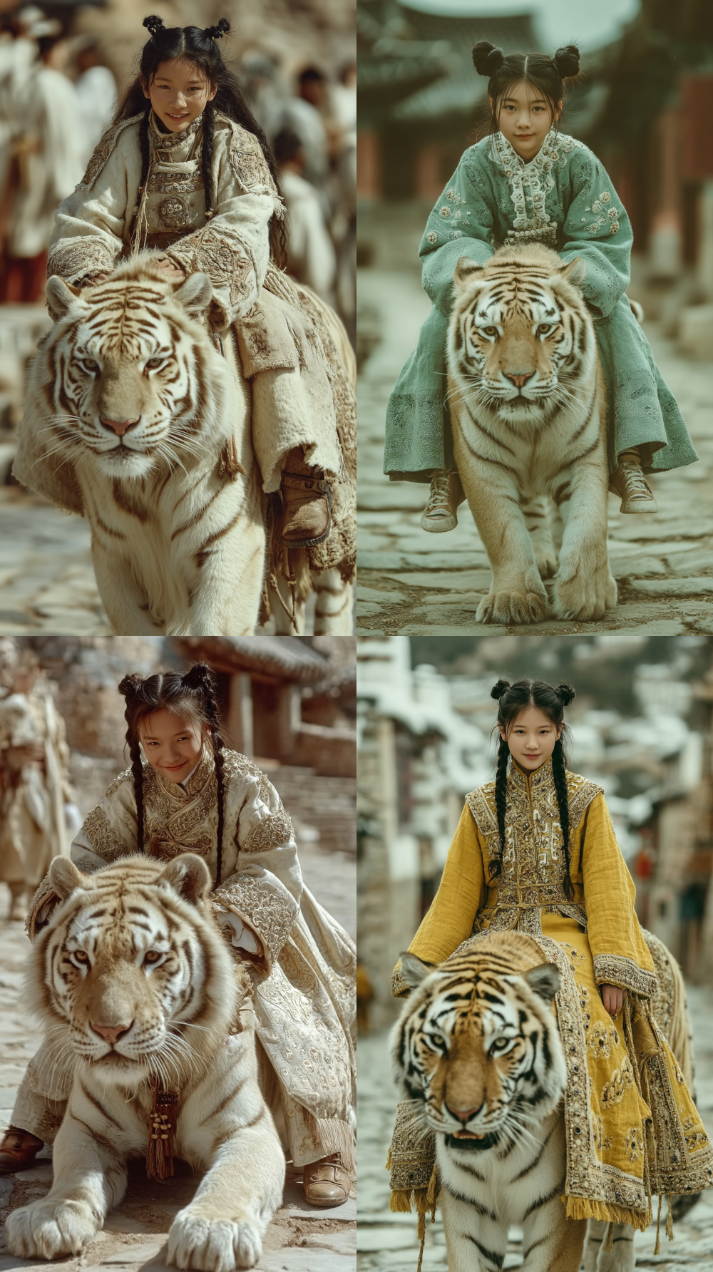 portrait photography, a masterpiece of a master. a chubby asian girl dressed in ancient coarse linen clothes is riding a big tiger with yellow and black stripes on the stone-paved road of the ancient city, looking very imposing. the girl has two black buns and is smiling. the high-precision texture of the clothes and the realistic skin touch. the background has a blurred depth of field, low saturation, a peaceful atmosphere, and a minimalist style long view, shot with a telephoto lens, cinematic texture  --q 5  --s 750  --style raw  --v 7  --ar 9:16