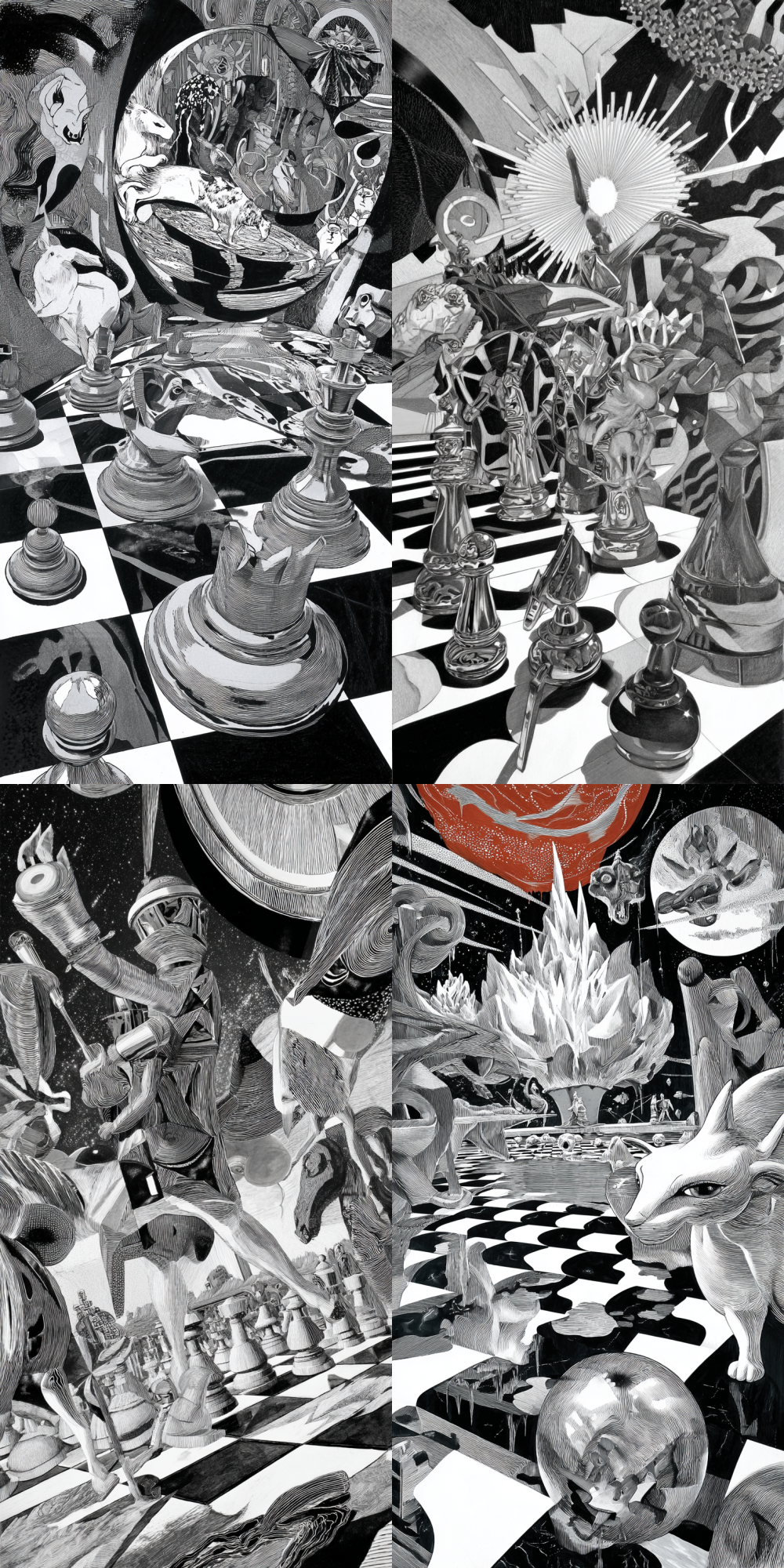 Surreal chessboard floating in space, pieces morphing between animals and warriors mid-move, liquid metal textures reflecting supernova colors --v 7.0 --c 10 --s 100 --sref 1589344371 --ar 1:2