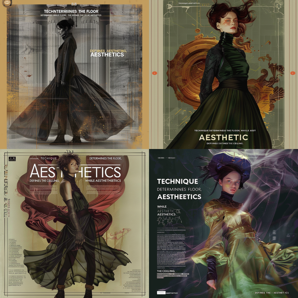 Craft an enchanting poster measuring 9.29cm wide by 19.05cm high, drawing inspiration from the provided reference images: < https://oc.superx.chat/img/1774420211326.jpg > < https://oc.superx.chat/img/1774421022248.jpg > < https://oc.superx.chat/img/1774421610265.jpg >. The design should elegantly showcase the phrase "TECHNIQUE DETERMINES THE FLOOR, WHILE AESTHETICS DEFINES THE CEILING," with "AESTHETICS" as the captivating focal point. The overall aesthetic must resonate with the references, incorporating a sumptuous dark color palette. At the heart of the composition, position a striking female character, exuding grace and allure. --v 6