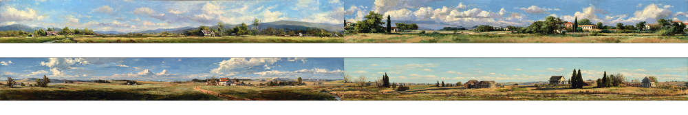 American style retro landscape oil painting in rural areas, with a focus on the countryside. In the distant view, there are some American style buildings such as rustic houses, manors, and churches in the countryside. The painting is clean and tidy, with proportional proportions --ar 8:1