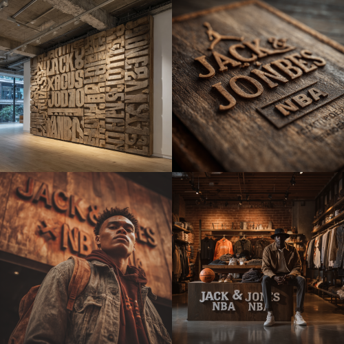 Need to take a frontal shot Front shot Front, a whole row A retro wooden board with three-dimensional text on it, the content of the text “Jack&Jones x NBA”