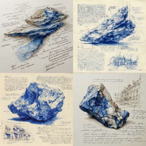 elegant meteorite illustration, delicate blue ink pen on off-white textured parchment, precise dimension marking lines, handwritten French annotations in elegant script, subtle loose hatching shading, minimalist raw sketch aesthetic, soft muted neutral backdrop, refined minimalist architectural concept draft  --ar 1:1   --style raw   --s 200