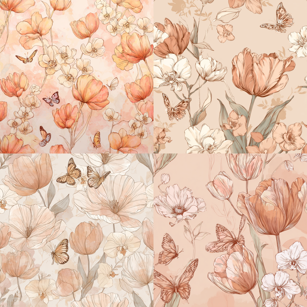 A soft peach and cream-toned background is adorned with hand-drawn tulips, orchids, and butterflies. The design is meticulously crafted, seamlessly blending digital art with line-drawing techniques through soft hues and a flat illustration style. The overall minimalist floral pattern features delicate, flowing lines that evoke a vintage charm, while the watercolor-like effect adds an extra touch of elegance.