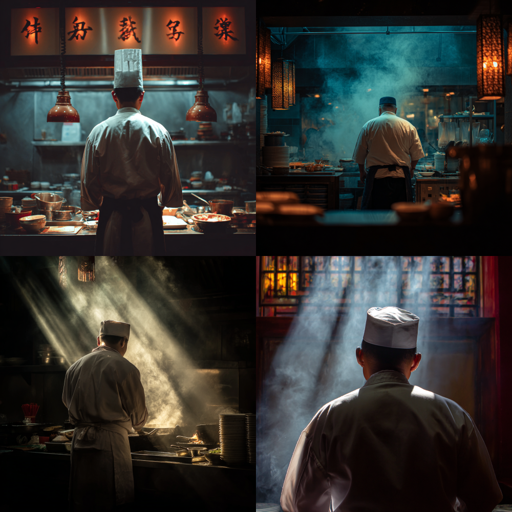 Chinese cuisine chef facing away from the camera and backlit