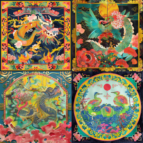 Design five exquisite patterns inspired by Hakka Qilin elements, incorporating vibrant colors and intricate shapes as artistic references. < https://oc.superx.chat/img/1756135432614.jpg >  --v 6主体物以客家麒麟为主体物进行设计