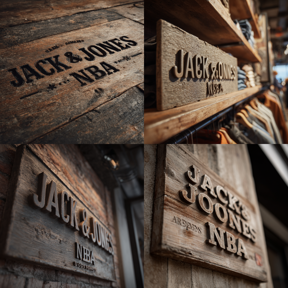 Need to take a frontal shot Front shot Front, a whole row A retro wooden board with three-dimensional text on it, the content of the text “Jack&Jones x NBA”