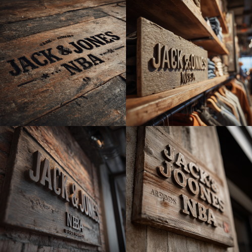 Need to take a frontal shot Front shot Front, a whole row A retro wooden board with three-dimensional text on it, the content of the text “Jack&Jones x NBA”